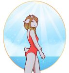  blonde_hair blue_eyes bovid braided_hair caprine clothing cloud diana_goat female goat hair hi_res horn light light_beam looking_at_viewer mammal morgdl seaside shy slim small_tail solo sparkles sunbeam sunlight swimwear tail water 