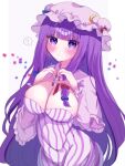  1girl ? blue_bow blue_ribbon blunt_bangs blush bow breasts capelet cleavage closed_mouth commentary_request cowboy_shot crescent crescent_hat_ornament dress hair_bow hat hat_ornament hat_ribbon heart heart_hands large_breasts long_hair long_sleeves mob_cap patchouli_knowledge purple_eyes purple_hair red_bow red_ribbon ribbon simple_background siomi_403 solo spoken_question_mark striped striped_dress sweatdrop touhou very_long_hair white_background 