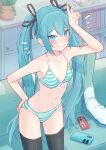  1girl bare_shoulders bikini blue_eyes blue_hair book bookshelf breasts cellphone controller couch game_controller gamepad hatsune_miku highres long_hair midriff navel phone small_breasts solo standing striped striped_bikini swimsuit vocaloid yasuno-labo 