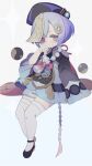  1girl bead_necklace beads blush braid braided_ponytail closed_mouth coin_hair_ornament dress full_body genshin_impact hair_ornament hair_ribbon hat highres jewelry kii_(kiiui) long_hair looking_at_viewer necklace ofuda pink_eyes purple_hair purple_ribbon qing_guanmao qiqi_(genshin_impact) ribbon simple_background solo tassel thighhighs white_thighhighs wide_sleeves 