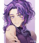  1girl bare_shoulders boku_no_hero_academia breasts close-up dress fingernails hand_on_own_arm lady_nagant large_breasts looking_at_viewer medium_hair miviy19 multicolored_hair parted_lips pillarboxed pink_hair portrait purple_background purple_dress purple_eyes purple_hair sleeveless_turtleneck_dress solo taut_clothes taut_dress turtleneck_dress twitter_username two-tone_hair 