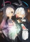  2girls absurdres arona_(blue_archive) black_kimono blue_archive blue_halo blush closed_eyes colored_inner_hair fireworks grey_eyes grey_hair grin hair_over_one_eye halo highres japanese_clothes kimono long_hair long_sleeves multicolored_hair multiple_girls nnmbpx obi pink_hair plana_(blue_archive) red_halo sash smile wide_sleeves 