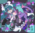  1girl bare_shoulders commentary_request crossover detached_sleeves dress eyelashes ghost_miku_(project_voltage) green_hair grey_dress hair_between_eyes hatsune_miku highres long_hair mismagius open_mouth outline pokemon pokemon_(creature) project_voltage sleeves_past_fingers sleeves_past_wrists sutokame thighhighs twintails vocaloid watermark yellow_eyes 