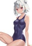  1girl akahara_tyun blue_one-piece_swimsuit breasts double_bun hair_bun one-piece_swimsuit original purple_eyes school_swimsuit short_hair simple_background sitting small_breasts solo swimsuit white_background white_hair 