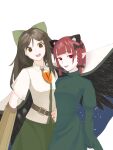  2girls :d animal_ear_fluff animal_ears arm_cannon belt black_bow black_hair blunt_bangs bow braid breasts brown_eyes cape cat_ears cat_tail chest_jewel commentary_request cowboy_shot dress extra_ears fangs feathered_wings green_bow green_dress green_skirt hair_bow hair_ribbon highres holding_hands juliet_sleeves kaenbyou_rin long_hair long_sleeves looking_at_viewer medium_hair multiple_girls multiple_tails nail_polish nekomata open_mouth parted_bangs parted_lips pointy_ears puffy_sleeves red_eyes red_hair red_nails reiuji_utsuho ribbon shirt simple_background skirt small_breasts smile tail teeth touco_to touhou tress_ribbon twin_braids two_tails upper_teeth_only very_long_hair weapon white_background white_shirt wing_collar wings yuri 