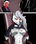  anthro blush breasts canid canid_demon canine chair clothed clothing clothing_lift collar comic demon digital_media_(artwork) duo english_text female fur furniture hair hellhound helluva_boss hi_res horn humanoid imp loona_(helluva_boss) male mammal moxxie_(helluva_boss) red_body red_sclera shirt shirt_lift smile spiked_collar spikes swain_(artist) text topwear white_body white_fur white_hair 