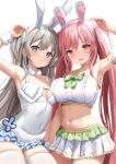 2girls animal_ears armpits azur_lane blue_eyes blush bow bowtie breasts brown_hair covered_navel detached_sleeves emanuele_pessagno_(azur_lane) emanuele_pessagno_(backstage_blunders)_(azur_lane) fake_animal_ears flower frills hair_between_eyes hair_flower hair_ornament headset highres large_breasts leotard long_hair looking_at_viewer manda_(manda9n) medium_breasts multiple_girls navel official_alternate_costume open_mouth pink_eyes pink_hair playboy_bunny puffy_detached_sleeves puffy_sleeves rabbit_ears skirt thighhighs thighs twintails two_side_up umikaze_(azur_lane) umikaze_(soft_and_fluffy_therapy)_(azur_lane) very_long_hair white_leotard white_thighhighs 