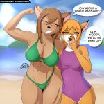  abs anthro beach bikini blue_eyes brown_body brown_fur brown_hair canid canine clothing cloud daughter_(lore) dialogue duo eyes_closed felid feline female female/female flexing_bicep fox fur hair hi_res island lion mammal mother_(lore) mother_and_child_(lore) mother_and_daughter_(lore) muscular ontierra orange_body orange_fur orange_hair pantherine parent_(lore) parent_and_child_(lore) parent_and_daughter_(lore) princess_shimi_(psychodog) raised_arm sea seaside seiko_(psychodog) signature sky smile speech_bubble swimwear talking_to_viewer teasing text thepsychodog tongue tongue_out tuft url water 