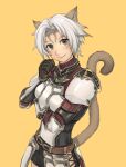  1girl animal_ears armor avatar_(ff11) belt black_armor boobplate breastplate breasts brown_belt brown_tail cactus41747280 cat_ears cat_girl cat_tail closed_mouth facial_mark faulds final_fantasy final_fantasy_xi grey_eyes grey_hair grey_headband hair_intakes hand_up headband highres medium_breasts mithra_(ff11) no_eyebrows short_hair smile solo tail tail_raised turtleneck whisker_markings white_armor yellow_background 