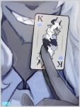  1boy alchemy_stars ascot black_nails card close-up collared_shirt english_commentary fangs furry furry_male highres holding holding_card ishtarlia istvan_(alchemy_stars) king_of_hearts_(card) long_hair playing_card pov purple_shirt shirt smile white_hair 