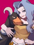  1girl absurdres asia_(aji19081) black_nails blue_eyes blue_hair breasts dog fingernails hair_intakes hand_on_own_hip highres houndoom karen_(pokemon) light_blue_hair long_hair medium_breasts nail_polish navel open_mouth pink_background pokemon pokemon_(game) pokemon_hgss simple_background smile solo strap_slip tank_top yellow_tank_top 