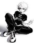  1boy fingernails full_body greyscale hair_between_eyes highres hunter_x_hunter kiko killua_zoldyck looking_at_viewer male_focus monochrome pants sharp_fingernails shirt shoes short_sleeves simple_background sitting solo spiked_hair t-shirt track_pants 