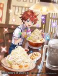  :d blue_eyes blue_pants blurry blurry_foreground blush bowl brown_hair character_request chopsticks collared_shirt commentary_request depth_of_field food hair_between_eyes highres holding holding_chopsticks indoors looking_at_viewer multicolored_hair noodles official_art on_chair pants ramen red_hair shirt short_sleeves sitting smile solo sparkle streaked_hair suspenders teeth upper_teeth_only white_shirt yuko_(uc_yuk) z/x 