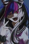  1girl :d black_hair black_scrunchie blue_hair danganronpa_(series) danganronpa_2:_goodbye_despair ear_piercing fangs hair_horns highres jewelry joh_pierrot long_hair looking_at_viewer mioda_ibuki mouth_piercing multicolored_hair neckerchief necklace piercing pink_eyes pink_hair purple_neckerchief school_uniform scrunchie serafuku smile solo teeth tongue_piercing v white_hair wrist_scrunchie 