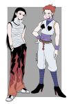  2boys absurdres alternate_costume black_eyes black_hair chewing_gum commentary_request crop_top full_body hand_on_own_hip hands_in_pockets high_heels highres hisoka_morow hunter_x_hunter hxh_neuldo illumi_zoldyck korean_commentary long_hair male_focus multiple_boys red_hair short_hair yellow_eyes 