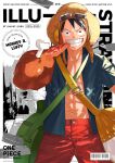 1boy abs barcode biting black_hair blue_shirt brown_headwear character_name clenched_teeth collarbone copyright_name cover english_commentary fanbook goggles goggles_on_headwear green_bag highres looking_at_viewer male_focus mirin_(coene65) monkey_d._luffy one_piece pants pectorals red_pants scar scar_on_face shirt short_hair solo teeth 