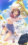  1girl 3s :d absurdres bag blue_skirt breasts brown_hair chair cloud cloudy_sky euphonium falling floating flower hibike!_euphonium highres holding holding_instrument instrument kitauji_high_school_uniform kneehighs medium_hair miniskirt music_stand navel neckerchief open_mouth oumae_kumiko paper pink_neckerchief school_bag school_uniform serafuku shirt shoes skirt sky small_breasts smile socks solo sunflower teeth thighs uwabaki white_footwear white_shirt white_socks yellow_eyes 