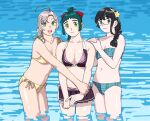  3girls antenna_hair bikini bikini_skirt black_bikini black_hair braid breasts cleavage cowboy_shot glasses green_bikini green_eyes green_hair hair_over_shoulder hair_ribbon highres irako_(kancolle) kantai_collection kinugasa_(kancolle) kinugasa_kai_ni_(kancolle) large_breasts looking_at_viewer medium_breasts multiple_girls official_alternate_costume official_alternate_hairstyle ojipon ooyodo_(kancolle) open_mouth plaid plaid_bikini ponytail red_ribbon ribbon semi-rimless_eyewear side-tie_bikini_bottom single_braid small_breasts smile swimsuit teeth under-rim_eyewear upper_teeth_only wading water yellow_bikini 