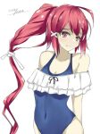  1girl ahoge blue_one-piece_swimsuit commentary_request covered_navel cowboy_shot frilled_one-piece_swimsuit frills gakky hair_ribbon i-168_(kancolle) kantai_collection long_hair one-hour_drawing_challenge one-piece_swimsuit ponytail red_eyes red_hair ribbon simple_background solo swimsuit white_background 