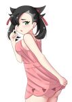  1girl absurdres ass black_hair blush breasts dress dress_tug earrings green_eyes highres jewelry maho_(corotonton5150) marnie_(pokemon) medium_breasts open_mouth pink_dress pokemon pokemon_(game) pokemon_swsh short_dress simple_background solo stud_earrings twintails white_background 