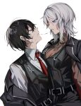  1boy 1girl black_hair blood blood_on_face blue_eyes character_request closed_eyes cowboy_shot highres kiss limbus_company mu46016419 project_moon saliva saliva_trail simple_background sweater white_background white_hair yi_sang_(project_moon) 