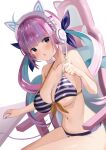  1girl :o absurdres ahoge animal_ear_headphones animal_ears aqua_hair aqua_nails arou_(arrow_x666) bikini blush braid breasts cat_ear_headphones chair cleavage collarbone colored_inner_hair fake_animal_ears fingernails front-tie_bikini_top front-tie_top gaming_chair headphones highres hololive large_breasts long_hair looking_at_viewer minato_aqua mouse_(computer) multicolored_hair nail_polish navel open_mouth pink_eyes pink_hair simple_background sitting solo stomach striped striped_bikini swimsuit swivel_chair thighs twin_braids twintails two-tone_hair virtual_youtuber white_background 