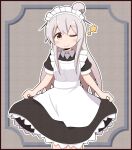  1girl ;) absurdres ahoge border brown_eyes commentary_request cowboy_shot film_grain framed goron_(phde2424) grey_hair highres long_hair looking_at_viewer maid maid_headdress one_eye_closed onii-chan_wa_oshimai! outline oyama_mahiro puffy_short_sleeves puffy_sleeves short_hair short_sleeves simple_background skirt_hold smile solo star_(symbol) white_outline 