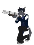  aiming_weapon anthro canid canine canis clothed clothing fully_clothed fuze gun hi_res holding_gun holding_object holding_rifle holding_weapon kneeling luther_ashpelt male mammal on_one_knee ranged_weapon rifle simple_background solo weapon white_background wolf 