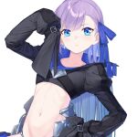  1girl black_jacket blue_eyes blue_ribbon blush breasts coffeekite collarbone cropped_jacket fate/extra fate/extra_ccc fate/grand_order fate_(series) hair_ribbon highres jacket long_hair long_sleeves looking_at_viewer meltryllis_(fate) navel purple_hair ribbon sleeves_past_fingers sleeves_past_wrists small_breasts solo very_long_hair white_background 