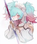  1girl blue_hair elley226 fire_emblem fire_emblem_fates highres holding holding_polearm holding_weapon looking_at_viewer multicolored_hair peri_(fire_emblem) pink_hair polearm red_eyes short_twintails solo turtleneck twintails two-tone_hair upper_body weapon 