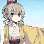  1girl black_hakama blue_background dated drill_hair gradient_background grey_eyes grey_hair hair_between_eyes hair_ribbon hakama haori hatakaze_(kancolle) highres japanese_clothes kantai_collection kimono kurasaki_cosmos meiji_schoolgirl_uniform one-hour_drawing_challenge petals ponytail red_ribbon ribbon solo twitter_username upper_body white_kimono 