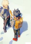  2boys backpack bag bakugou_katsuki belt black_hair black_pants blazer blonde_hair boku_no_hero_academia brown_footwear grey_jacket hands_in_pockets highres holding jacket male_focus midoriya_izuku multiple_boys pants red_belt red_footwear scarf shadow short_hair spiked_hair yeol2510 