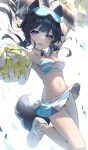  1girl absurdres animal_ears armpits arms_up bare_shoulders black_hair blue_archive blush breasts cheerleader confetti crop_top dog_ears dog_girl dog_tail eyewear_on_head halo hibiki_(blue_archive) hibiki_(cheerleader)_(blue_archive) highres holding holding_pom_poms justcalorline01 long_hair looking_at_viewer midriff millennium_cheerleader_outfit_(blue_archive) navel official_alternate_costume pom_pom_(cheerleading) shoes skirt sneakers solo standing standing_on_one_leg star_sticker sticker_on_face sweat tail yellow_halo 