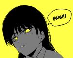  1girl absurdres anger_vein black_hair chainsaw_man disgust english_text highres looking_at_viewer masoq095 mitaka_asa simple_background speech_bubble yellow_background yellow_eyes 