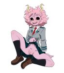  ashido_mina black_sclera blush bottomwear clothed clothing clothing_lift female genitals hi_res horn horned_humanoid humanoid my_hero_academia partially_clothed pink_body pink_skin pussy raised_bottomwear raised_clothing raised_skirt school_uniform simple_background skirt skirt_lift solo thrumbo_(artist) uniform white_background yellow_eyes 