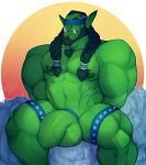  absurd_res balls blizzard_entertainment covering covering_eyes covering_face fangs genitals green_body green_skin hi_res humanoid humanoid_pointy_ears leelikessmut male muscular muscular_humanoid muscular_male nipples orc penis solo teeth thrall_(warcraft) vein veiny_penis warcraft 