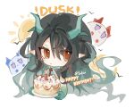  1girl :o aqua_hair arknights bare_arms black_hair brown_eyes cake candle character_name chibi commentary_request cropped_torso dragon_bubble_(arknights) dragon_horns dusk_(arknights) fire food happy_birthday highres holding holding_plate horns lava_(arknights) looking_at_viewer multicolored_hair nian_(arknights) parted_lips plate shahai solo_focus streaked_hair sun_symbol twitter_username upper_body 