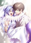  1boy 2girls :d ^_^ arms_around_neck bare_shoulders blue_hair blurry blurry_background blush breasts bridal_veil brown_hair carrying closed_eyes closed_mouth commentary_request commission couple depth_of_field dress facing_another frilled_dress frills hair_between_eyes happy hetero highres hug large_breasts long_hair long_sleeves multiple_girls open_mouth princess_carry profile sample_watermark second-party_source shiny_skin short_hair sideboob simple_background skeb_commission smile sorakado_ai sorakado_ao summer_pockets takahara_hairi veil very_long_hair watermark wedding wedding_dress white_dress zen_(kamuro) 