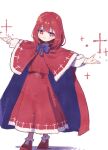  1girl aged_down ankle_socks blue_bow blue_bowtie blush bobby_socks bow bowtie bright_pupils cape capelet closed_mouth commentary cross-shaped_pupils dress full_body highres long_dress long_sleeves looking_at_viewer mary_janes nama_udon okazaki_yumemi outstretched_arms red_cape red_capelet red_dress red_eyes shoes short_hair simple_background smile socks solo spread_arms standing symbol-shaped_pupils touhou touhou_(pc-98) white_background white_pupils white_socks 