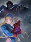  aura beret blood braid cammy_white capcom evil_grin evil_smile gauntlets grin hat highres m._bison shoulder_pads skull smile smoke street_fighter wings 