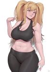  1girl absurdres black_pants black_sports_bra blonde_hair blush breasts brown_eyes cleavage closed_mouth collarbone highres large_breasts lips long_hair looking_at_viewer navel original pants simple_background smile solo speedl00ver sports_bra white_background yoga_pants 