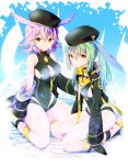  2girls absurdres bare_shoulders beret black_gloves black_headwear black_jacket black_one-piece_swimsuit blush breasts cleavage cleavage_cutout clothing_cutout covered_navel fate/grand_order fate_(series) gloves green_hair hat head_wings highleg highleg_swimsuit highres hildr_(fate) hildr_(swimsuit_assassin)_(fate) ichizen_(o_tori) jacket jacket_partially_removed large_breasts long_hair long_sleeves looking_at_viewer medium_hair multiple_girls olrun_(fate) one-piece_swimsuit open_clothes open_jacket pink_hair red_eyes siblings sisters smile swimsuit twintails valkyrie_(fate) wings 