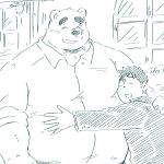  anthro bear bottomwear clothing duo embrace eye_scar eyes_closed facial_scar fur hi_res holding_partner hug human human_on_anthro interspecies larger_anthro larger_male male male/male mammal mtmnkmn125 musclegut muscular muscular_anthro muscular_male open_mouth pants pecs scar school_uniform shirt size_difference smaller_human smaller_male smile topwear uniform 