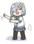  black_pantyhose closed_eyes commentary_request dancing flower grey_hair grey_sailor_collar grey_skirt hair_flower hair_ornament hair_over_one_eye hairclip hama!_(3toshinhmkz) hamakaze_(kancolle) hula kantai_collection neckerchief no_nose pantyhose pleated_skirt sailor_collar school_uniform serafuku short_hair simple_background skirt white_background yellow_neckerchief 