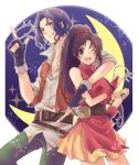  1boy 1girl ;d arm_around_shoulder belt black_hair blue_eyes blue_hair fingerless_gloves fire_emblem fire_emblem:_thracia_776 gloves hairband harushino key keyring lara_(fire_emblem) long_hair looking_at_viewer one_eye_closed open_mouth orange_vest perne_(fire_emblem) ponytail skirt smile vest yellow_skirt 