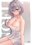  1girl absurdres ane_(seabus_tea) bare_shoulders blush border breasts brown_background character_name cleavage collarbone gradient_background green_eyes grey_hair highres hololive large_breasts looking_at_viewer naked_towel outside_border parted_lips shirogane_noel short_hair signature sitting smile solo towel white_border 