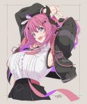  1girl :d armpits artist_name black_jacket blue_eyes breasts commentary_request dated hair_ornament hair_ribbon hairclip highres jacket kichihachi kuramochi_meruto large_breasts long_hair long_sleeves looking_at_viewer multicolored_hair nijisanji open_clothes open_jacket pink_hair purple_hair ribbon shirt smile solo teeth two-tone_hair upper_teeth_only virtual_youtuber white_ribbon white_shirt 