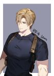  1boy blonde_hair blue_eyes blue_shirt border character_name closed_mouth grey_background hair_between_eyes harness highres jujeop leon_s._kennedy looking_to_the_side male_focus parted_bangs resident_evil resident_evil_4 resident_evil_4_(remake) shirt short_hair short_sleeves solo t-shirt tight tight_shirt toned toned_male upper_body white_border 