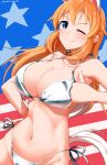  1girl absurdres american_flag_background animal_ears bikini blue_eyes blush breasts charlotte_e._yeager cleavage closed_mouth collarbone hand_on_own_hip highres hiroshi_(hunter-of-kct) large_breasts long_hair looking_at_viewer navel one_eye_closed orange_hair rabbit_ears rabbit_tail side-tie_bikini_bottom signature simple_background smile solo strike_witches swimsuit tail thumbs_up white_bikini world_witches_series 