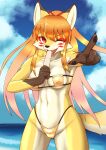  2023 anthro bikini black_nose breasts camel_toe canid canine clothing cloud eyebrow_through_hair eyebrows female food fox foxgirl_(glin720) fur gesture glin720 hair hi_res kemono looking_at_viewer mammal navel nipple_outline one_eye_closed open_mouth pointing pointing_at_viewer popsicle portrait red_eyes sea sky solo standing swimwear teeth three-quarter_portrait translucent translucent_hair water yellow_body yellow_fur 